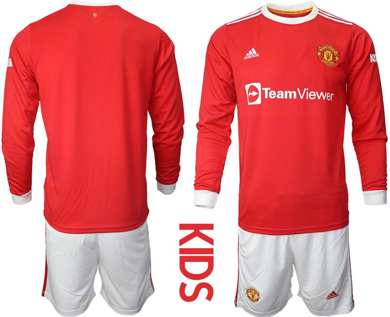 Youth 2021-2022 Club Manchester united home red Long Sleeve blank Soccer Jersey